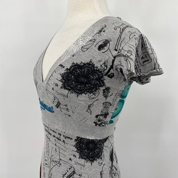 Desigual Nagore Mini Dress Sketchbook Pattern Fit & Flare V Neck Grey Womens S - Picture 8 of 16